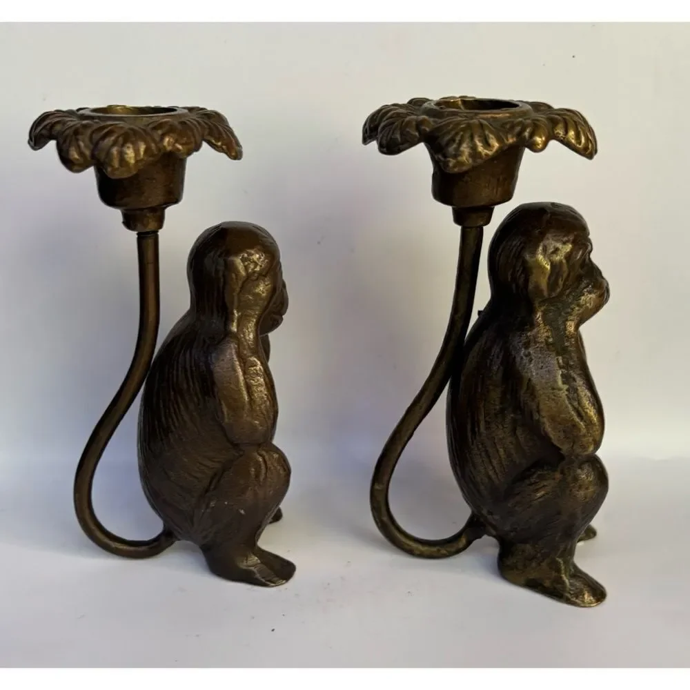 Vintage  Cast Bronze San Pacific 2 Monkey Candle Holders